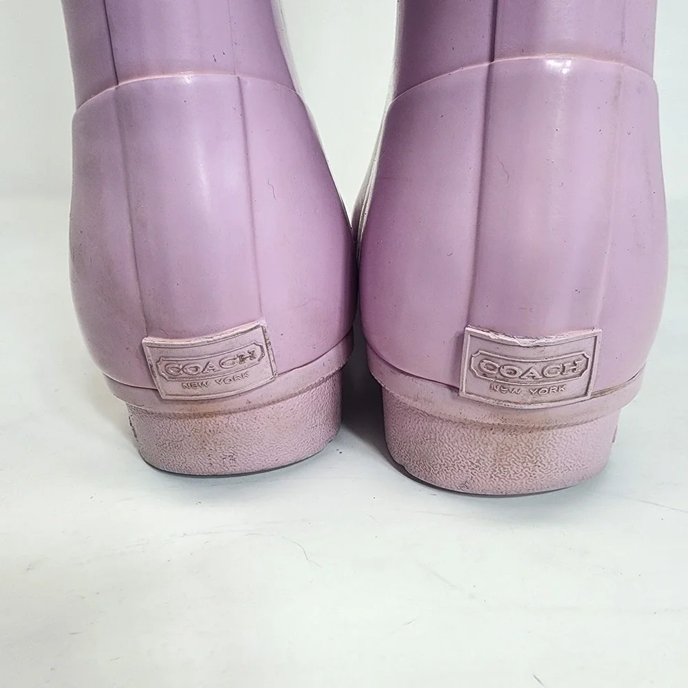 Coach Pink Rain Boots 8B tan Signature Monogram Canvas